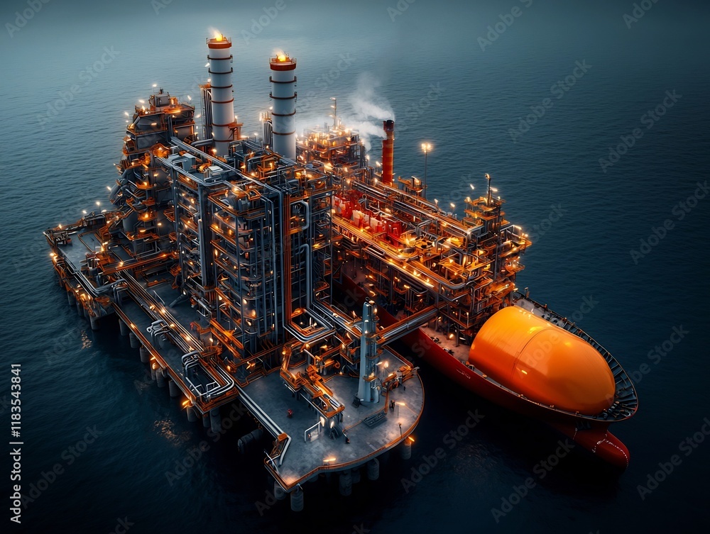 Poster imposing offshore liquefied natural gas terminal with towering structures and crisscrossing pipeline