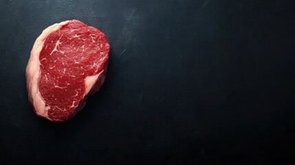 Fresh pork steak with visible fat layers on a dark backdrop, highlighted for text placement.