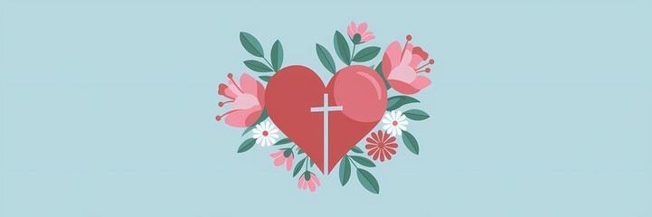 A minimalist Valentine's Day poster design with a floral theme. There is a red heart with a cross inside it. Around the heart, there are pink and white flowers with green leaves. 