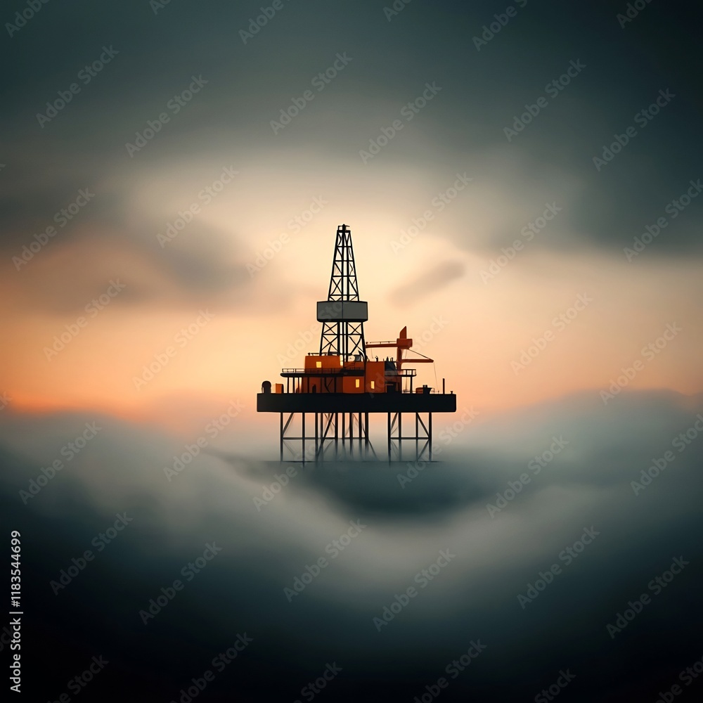 Poster silhouetted offshore oil extraction platform against a sweeping moody sky at dusk a sketch like digi