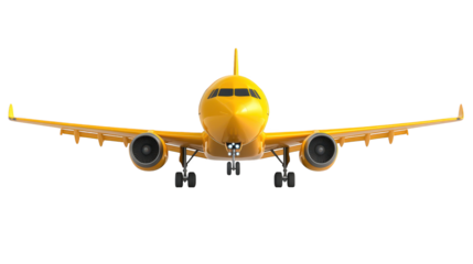 A bright yellow airplane in majestic flight across the boundless blue sky