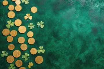 Golden coins scattered among vibrant shamrocks on rich green bac