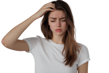 Young woman in a white t-shirt holding her head with her hand, feeling pain from an earache or toothache, isolated on a transparent background. Ultra-realistic, high-detail shot.