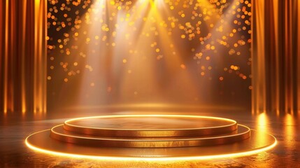 Stunning Spotlight Stage with Golden Lights and Shimmering Background for Theater, Presentation, or Performance Events