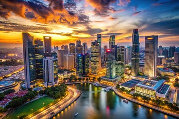 Aerial bokeh captures Singapore's dazzling skyline at sunset, skyscrapers glowing against the darkening cityscape.