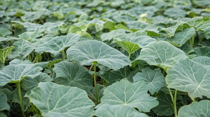 Lush green pumpkin plants growing in a field, background blurred for texture.