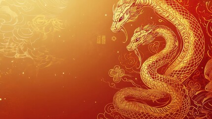 Obraz premium Golden gradient background with a stylized snake pattern, Chinese knots, and zodiac symbols for the Year of the Snake 2025.