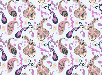  Ethnic Foral Paisley seamless background. Boho hippie retro ornament print will be fine for textile or book covers, manufacturing, wallpapers, print, gift wrap and scrapbooking.