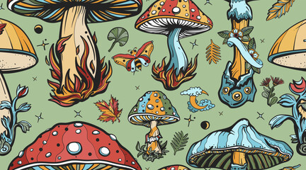 Mushrooms. Fly agaric. Autumn forest. Fall background. Old school tattoo vector seamless pattern