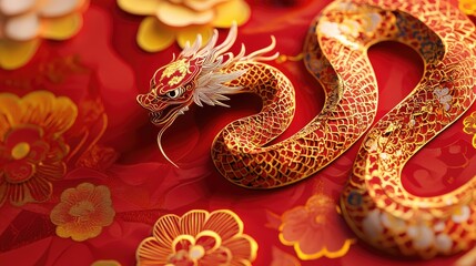 Obraz premium Intricate paper cut design of a snake intertwined with traditional Chinese patterns, set on a festive red and gold background.