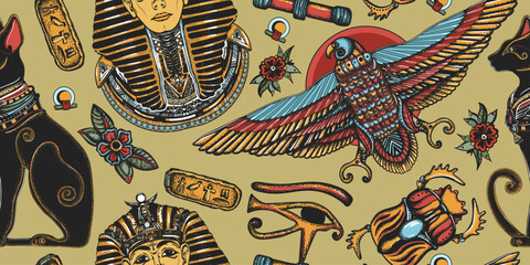 Obraz premium Ancient Egypt seamless pattern. Golden pharaoh, eagle, black cats, scarab, eye Horus. History art. Old school tattoo style. Egyptian civilization background