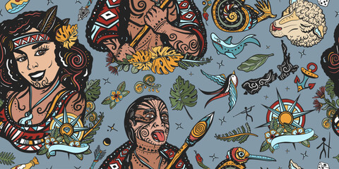 New Zealand seamless pattern. Aboriginal tribes. Ethnic Polynesian woman in traditional costume. Maori man warrior grimace. Tradition and people. Tourism and travel. Old school tattoo background