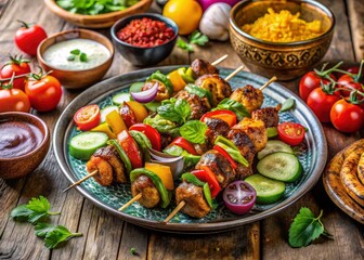 A Middle Eastern feast awaits: juicy skewers, fresh vegetables, and a zesty, unforgettable sauce.