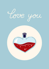 Valentine's Day Card with Heart Shaped Flask. Simple cute greeting card. Vector illustration.