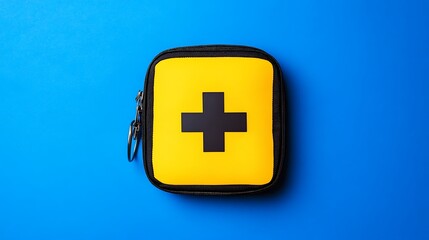 Obraz premium Yellow first-aid kit, blue background, safety