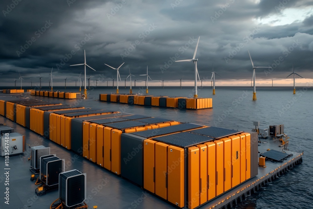 Poster compact offshore renewable energy hub featuring modular battery storage units arranged in a geometri