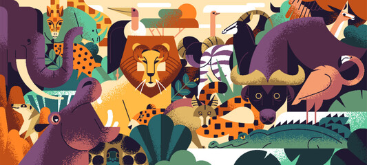 Different geometric African animals banner. Savannah wildlife on art in geometry style. Stylized nature and fauna of Savanna: lion, elephant, hippo, giraffe, bull, flamingo. Flat vector illustration