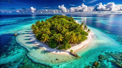 Fototapeta premium A serene AI-generated image: atoll paradise, palm-fringed beaches, endless ocean.