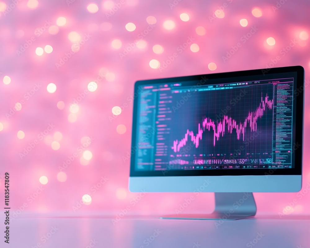Leinwandbilder Futuristic Desktop Setup with Data Analysis on Monitor and Neon Infused Background