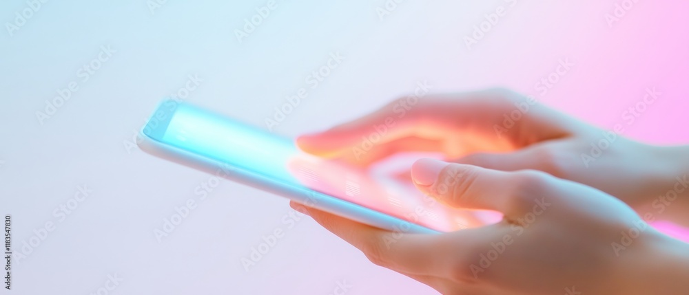 Poster neon glow productivity hands typing on tablet with vibrant interface