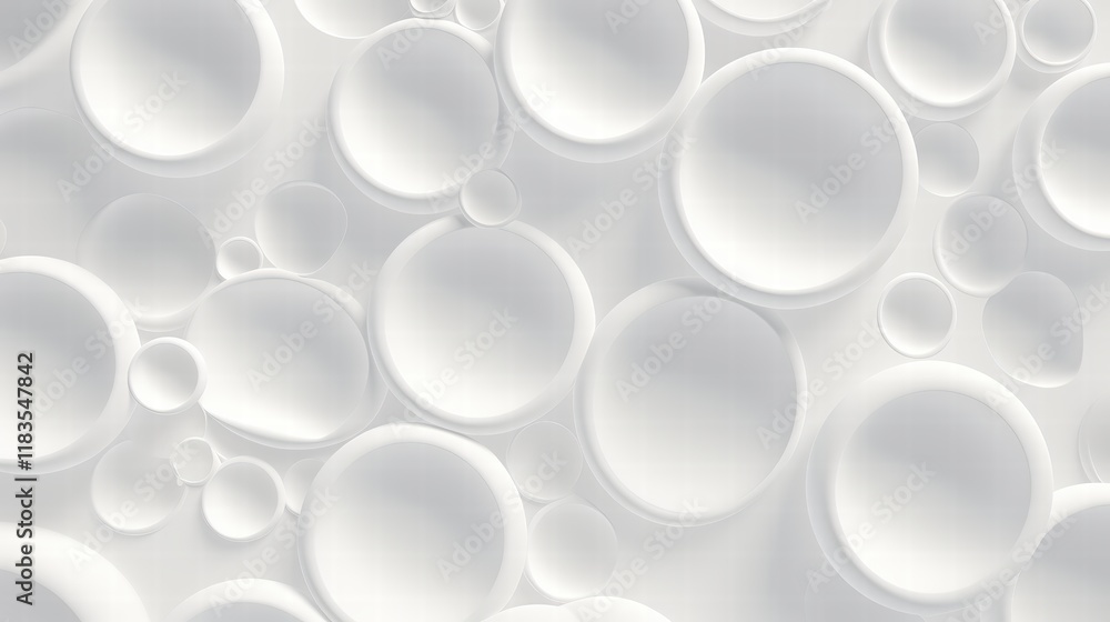 Poster abstract background of delicate transparent bubbles floating on a soft white surface, ideal for clea