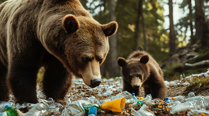Obraz premium Close up of a big brown bear and son examining littered plastic waste in a forest, environmental impact resources on pollution
