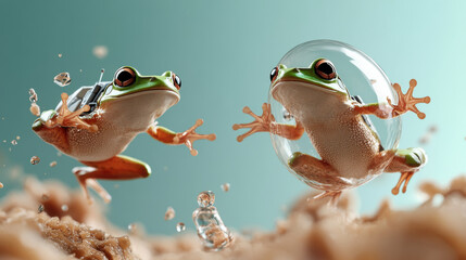 Frogs in space gear leaping joyfully on alien landscape
