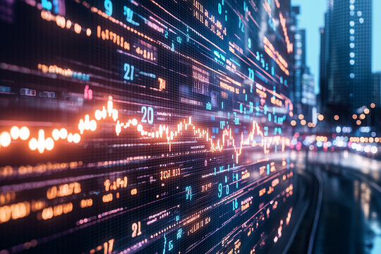 A computer screen shows a series of numbers and lines in a cityscape