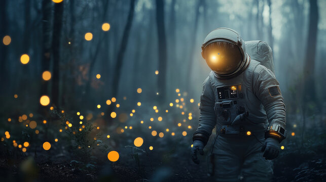 Astronaut in dark forest with ethereal lights glowing mysteriously