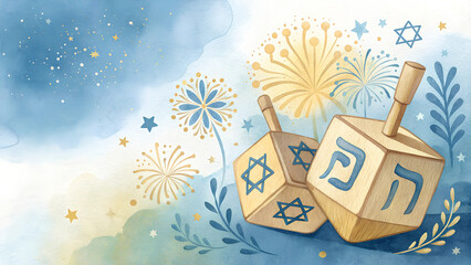 Watercolor Dreidel Background, Shades of Blue and Gold, Festive and Joyful Atmosphere with Copy Space