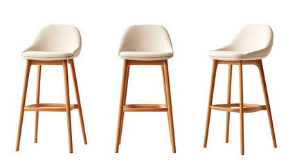 Three white stools with light brown wooden legs, a minimalist seating arrangement