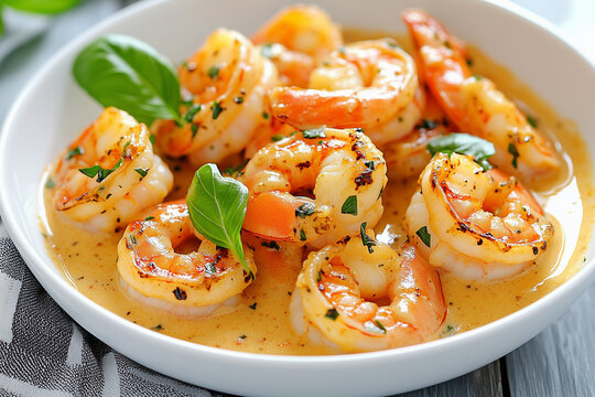 A plate of shrimp with a sauce and a leaf of parsley
