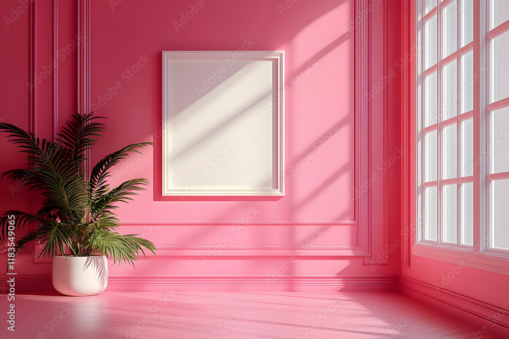 Poster a 3d rendering of a pink room with an empty picture frame on wall serves as a mockup for potential a