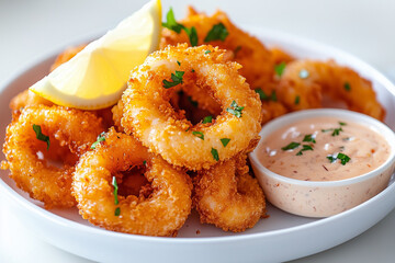 A plate of fried food with a dipping sauce