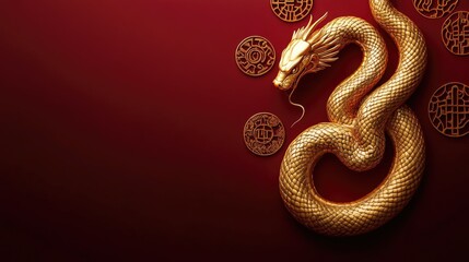 Obraz premium Stylish Chinese New Year wallpaper showcasing a golden snake intertwined with Chinese knots and zodiac symbols on a dark red background.