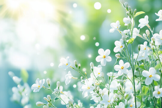 A field of white flowers with a bright blue sky in the background