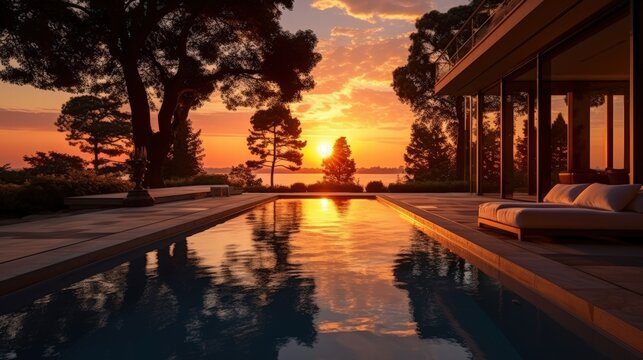 Serene Sunset View of Trees and Poolside with Vibrant Colors and Reflections Over Tranquil Waters in Scenic Landscape