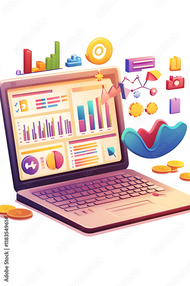 Poster a colorful laptop displaying data visualizations and graphs, symbolizing analytics and business insi