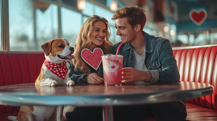 Couple in a retro diner, sharing a milkshake with their beagle wearing a heart-themed bandana sitting beside the table