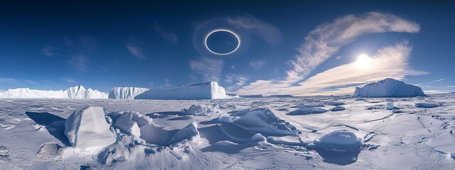 A dramatic perspective of a remote ice shelf with expansive, fractured ice formations and a rare, bright planetary alignment forming a celestial ring over the icy expanse
