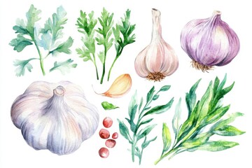Colorful watercolor illustration of fresh garlic and herbs, perfect for culinary art, cookbooks, and food blogs.