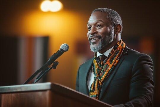 Smiling man delivers speech at podium with warm backlight