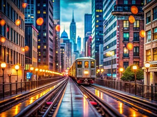 Obraz premium Chicago's elevated train, bokeh-filled, overcast backdrop, urban transit photography.