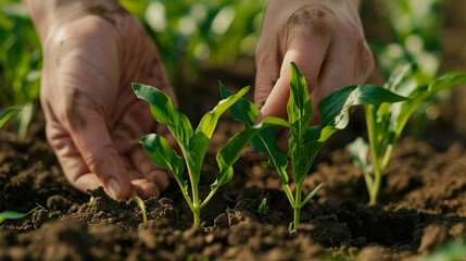 Dedicated farmer carefully inspects young corn sprouts for growth and overall health in the field