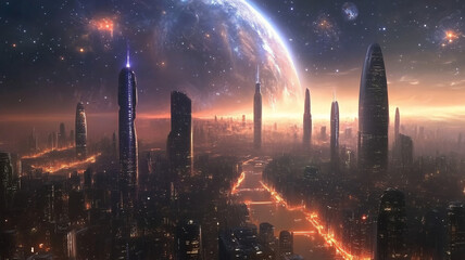  Sci-Fi cityscape with neon lights against a cosmic backdrop 