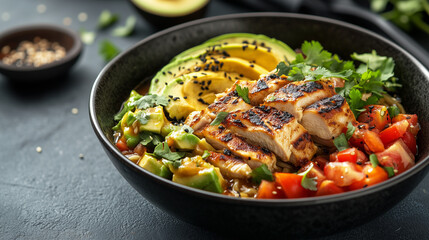 Grilled Chicken Ramen Bowl with Fresh Avocado and Tomatoes