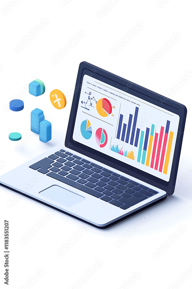 Poster a laptop displaying various data visualizations and graphs, illustrating analytics.