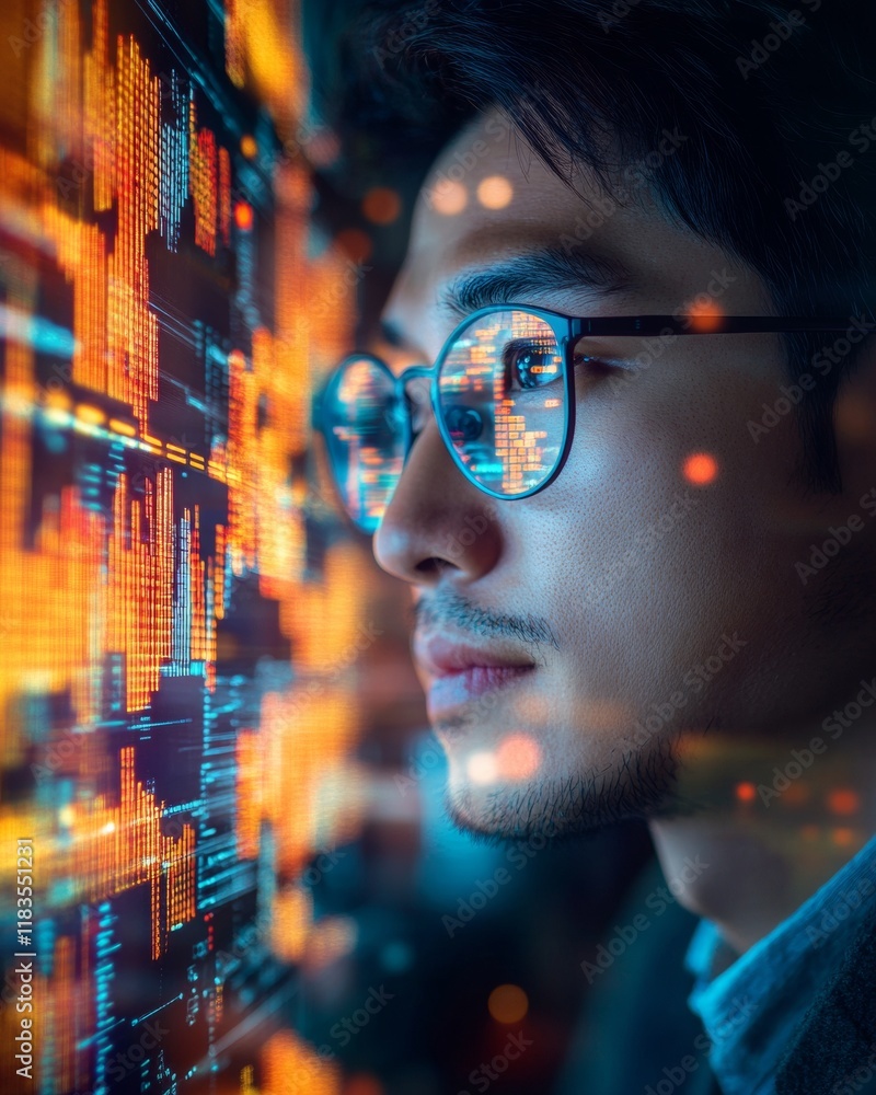 Aufkleber futuristic tech vision south korean man analyzing digital blockchain charts