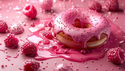 A pink glazed donut with sprinkles and raspberries on a pink background.