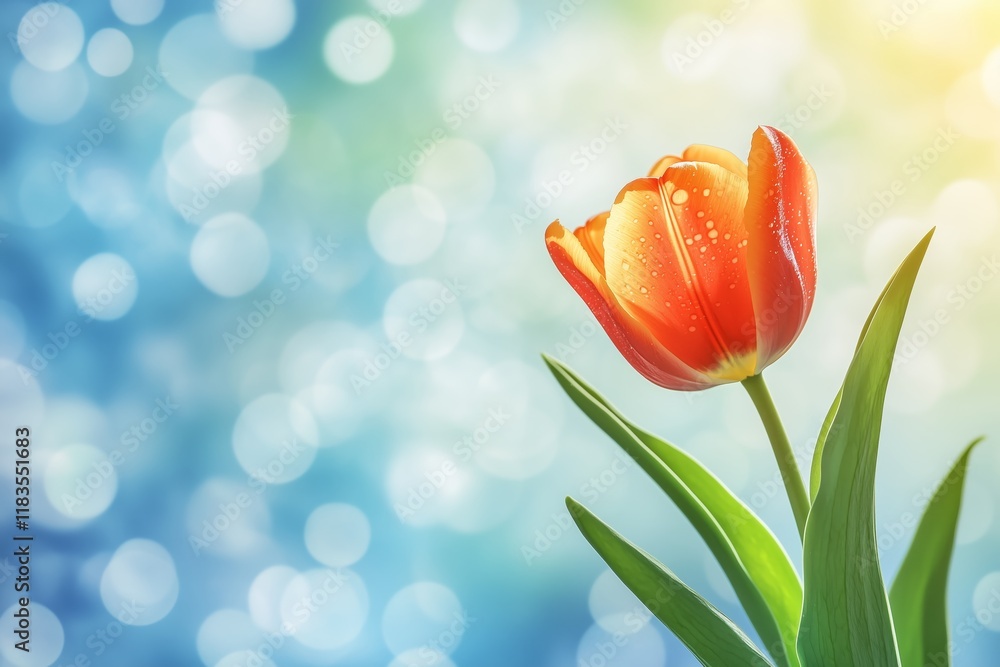 Poster blooming tulip in spring with a pastel bokeh backdrop close-up